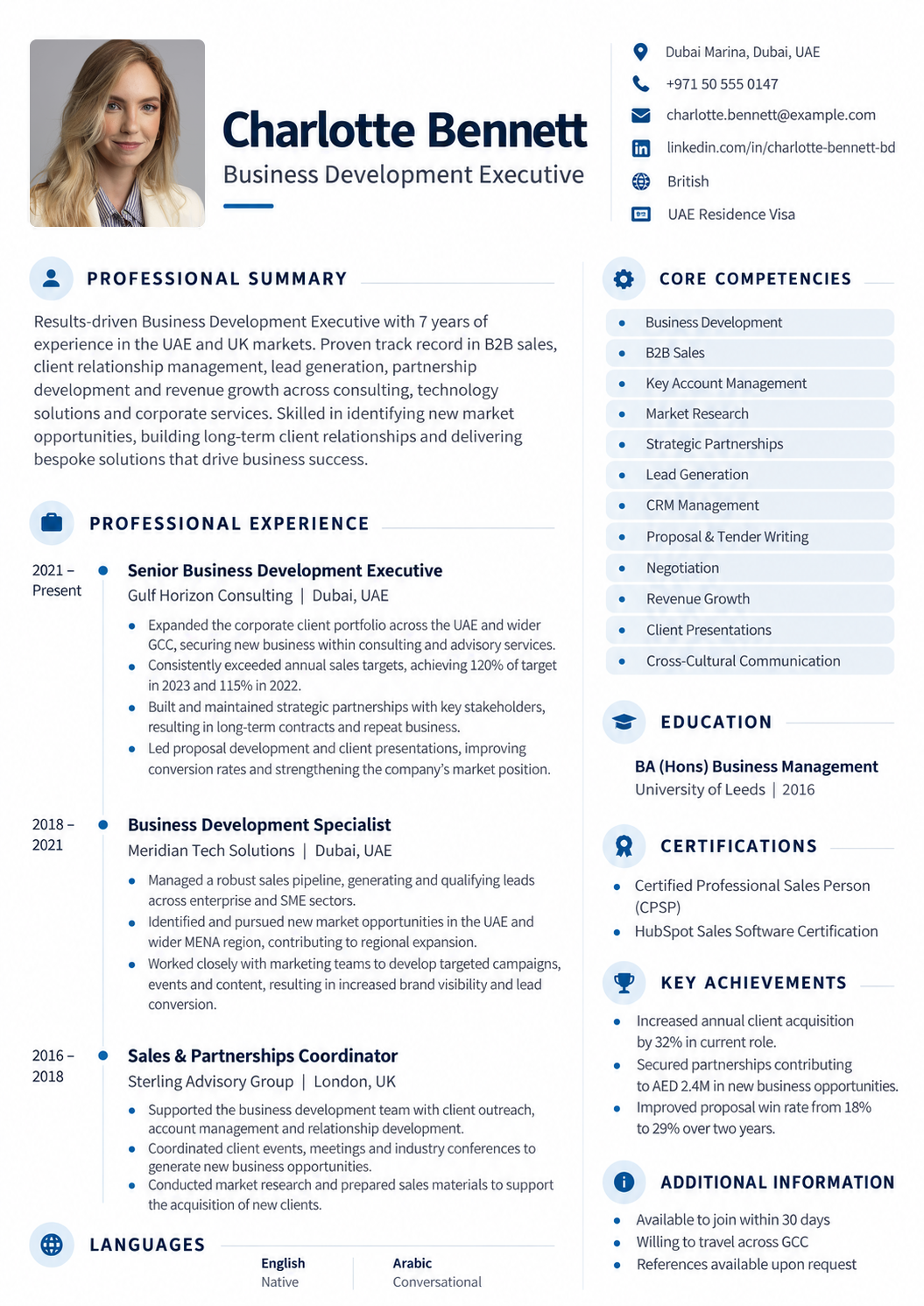 Full-page navy-and-white CV example