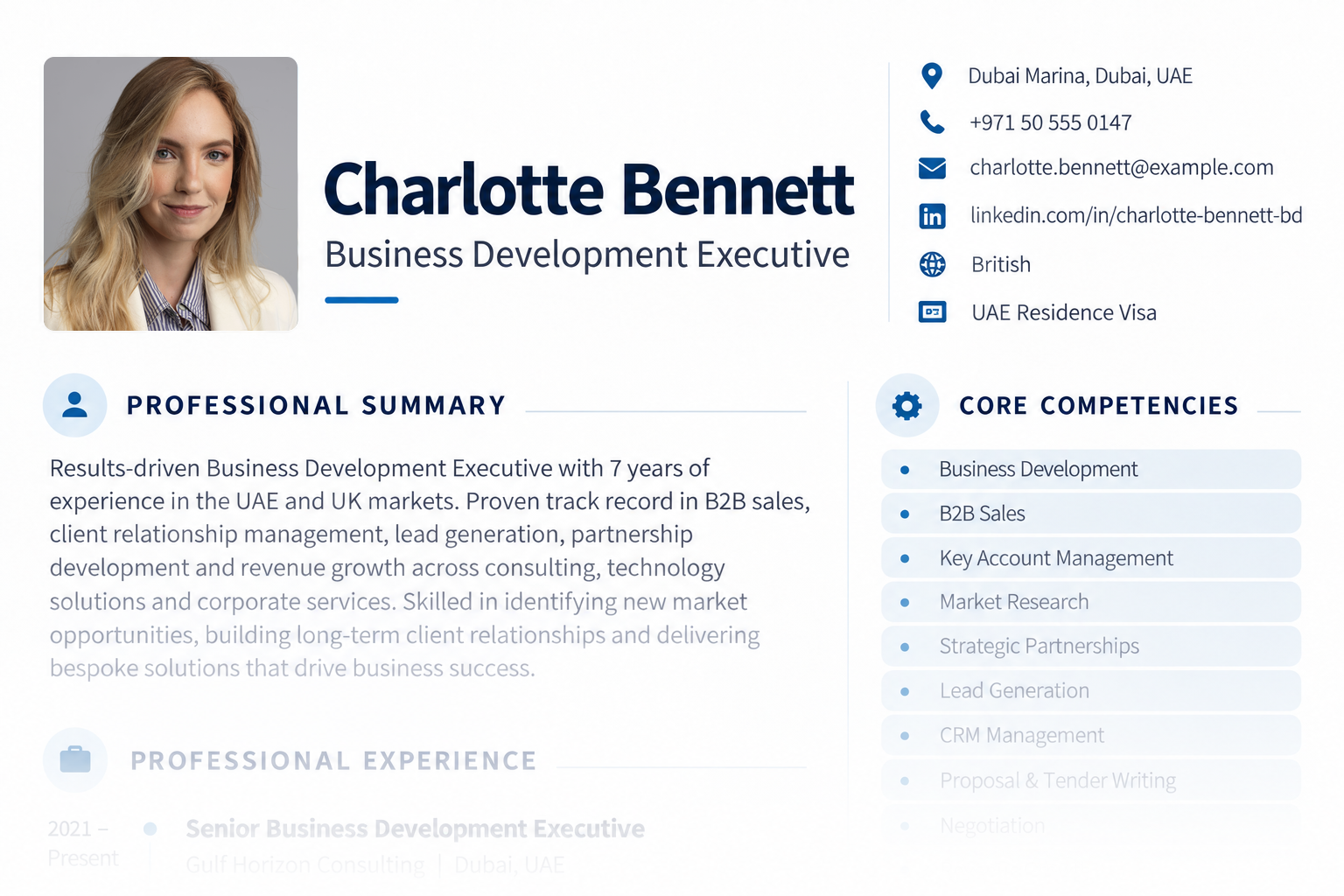 Navy-and-white CV example with a portrait, professional summary, and core competencies